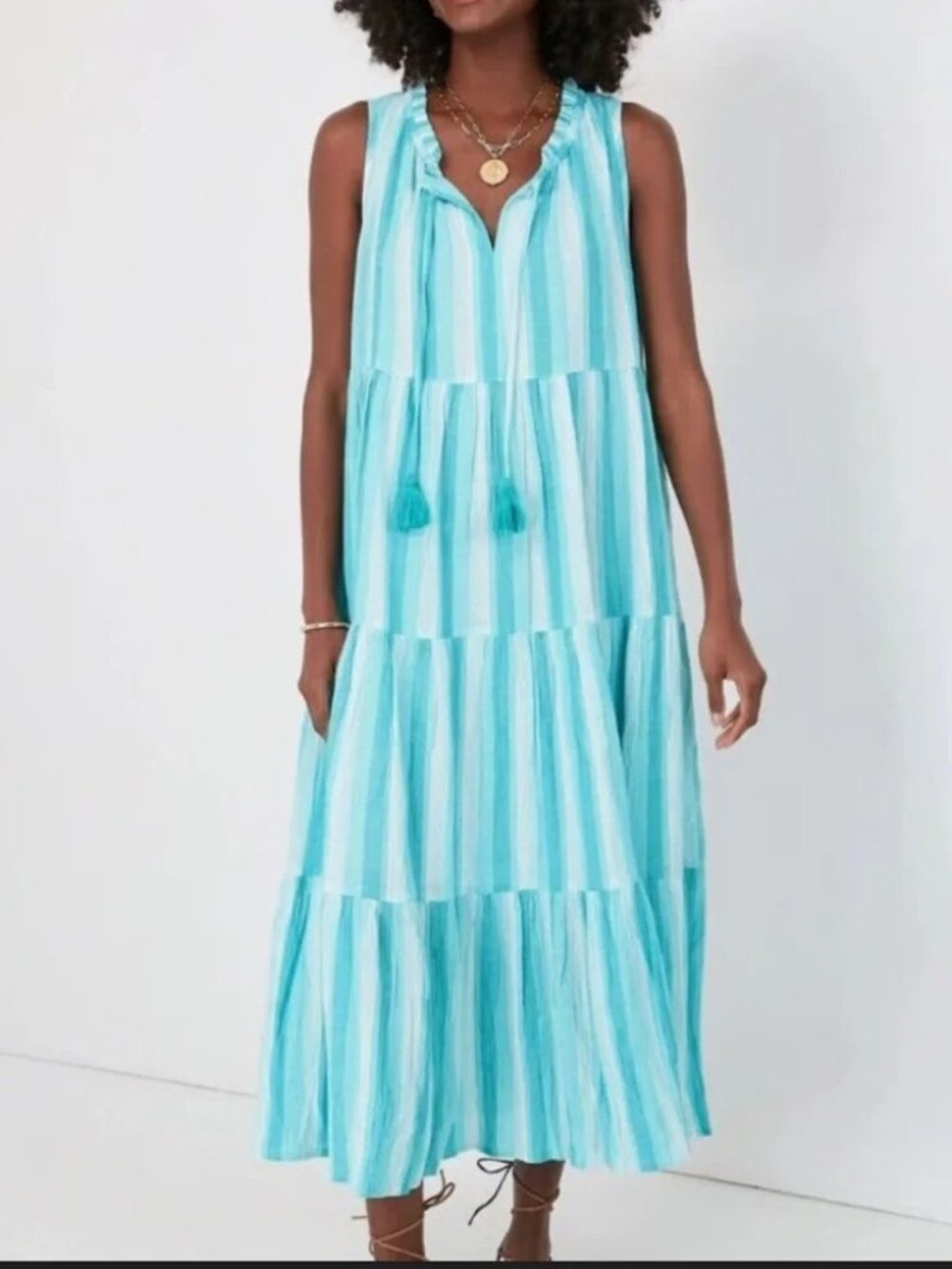Tuckernuck Aquamarine Salty Paloma Striped Maxi Caftan Dress size Large